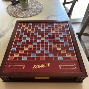 Vintage Scrabble Deluxe Edition Wooden Game Board Set with Turntable Base